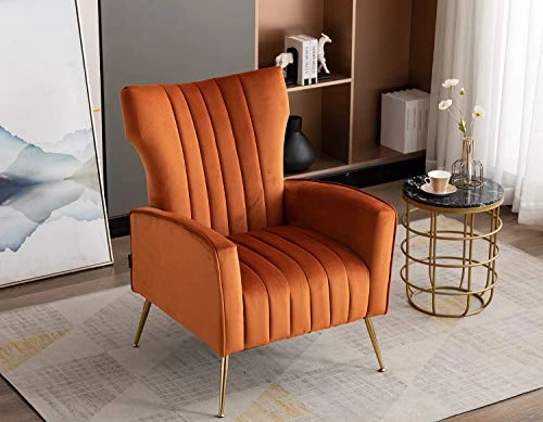 Artechworks Curved Tufted Accent Chair With Metal Gold Legs Velvet Upholstered Arm Club Leisure Modern Chair For Living Room Bedroom Patio, Caramel Color, Orange 4 Artechworks Curved Tufted Accent Chair With Metal Gold Legs Velvet Upholstered Arm Club Leisure Modern Chair For Living Room Bedroom Patio, Caramel Color, Orange - Image 2