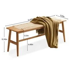 32" Rattan Bench, 100% Solid Oak Wood Bench, Hand Woven Design For Dining Bench, Rustic Design Narrow Wooden Bench, Boho Small Bench For Entryway, Dining Room, Bedroom, Window(Natural) -Amazon Store 41QoQi1iiSL