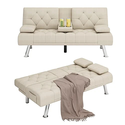 ITUSUT Upholstered Futon Sofa Bed, Convertible Folding Sleeper Couch For Apartment, Dorm, 2 Cupholders, Wood Frame And Easy Assembly, Cream Beige 3 ITUSUT Upholstered Futon Sofa Bed, Convertible Folding Sleeper Couch For Apartment, Dorm, 2 Cupholders, Wood Frame And Easy Assembly, Cream Beige