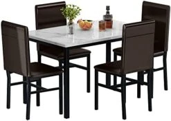 AWQM 5 Pieces Dining Table Set, Kitchen Table Set With Faux Marble Top Table And 4 Faux Leather Upholstered Chairs For Kitchen, Breakfast Nook, Dining Room, White+Beige -Amazon Store 41R0op3wb5L. AC