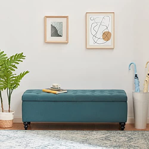 HUIMO Button-Tufted Ottoman With Storage In Upholstered Fabrics, Large Storage Bench For Bedroom, Living Room, Entryway, Storage Ottoman Bench With Safety Hinge Hold Up To 300lbs(Dark Teal) 4 HUIMO Button-Tufted Ottoman With Storage In Upholstered Fabrics, Large Storage Bench For Bedroom, Living Room, Entryway, Storage Ottoman Bench With Safety Hinge Hold Up To 300lbs(Dark Teal) - Image 2