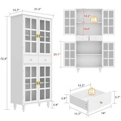 FAMAPY Pantry Cabinet Kitchen Storage Cabinet With 2 Drawers & Glass Doors, Kitchen Pantry With Adjustable Shelves & Wooden Legs, For Kitchen Storage White (31.5”W X 15.7”D X 72.4”H)