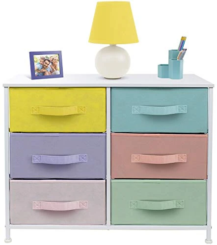 Sorbus Dresser With 6 Drawers - Furniture Storage Tower Unit For Bedroom, Hallway, Closet, Office Organization - Steel Frame, Wood Top, Easy Pull Fabric Bins (Pastel/White) 6 Sorbus Dresser With 6 Drawers - Furniture Storage Tower Unit For Bedroom, Hallway, Closet, Office Organization - Steel Frame, Wood Top, Easy Pull Fabric Bins (Pastel/White) - Image 4