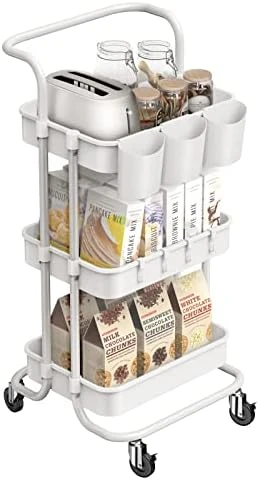 ALVOROG 3-Tier Rolling Utility Cart Storage Shelves Multifunction Storage Trolley Service Cart With Mesh Basket Handles And Wheels Easy Assembly For Bathroom, Kitchen, Office (White) 10 ALVOROG 3-Tier Rolling Utility Cart Storage Shelves Multifunction Storage Trolley Service Cart With Mesh Basket Handles And Wheels Easy Assembly For Bathroom, Kitchen, Office (White) - Image 8