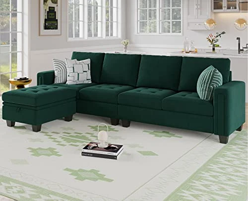Belffin Velvet Reversible Sectional Sofa With Chasie Convertible Sectional Couch With Storage Ottoman L Shaped 4-seat Sectional Sofa Couch Green 4 Belffin Velvet Reversible Sectional Sofa With Chasie Convertible Sectional Couch With Storage Ottoman L Shaped 4-seat Sectional Sofa Couch Green - Image 2