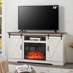 AMERLIFE Fireplace TV Stand Sliding Barn Door Wood Entertainment Center With A 23'' Electric Fireplace Insert, Modern Farmhouse Storage Cabinet Console For TVs Up To 65", Distressed White & Barnwood -Amazon Store 41RNj5cWdAL. AC