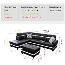 A Ainehome Sectional Couch Set L Shape 103" Wide Sofa Faux Leather For Living Room With Chaise Lounge And Removable Ottoman For Home Furniture Room Decor (Left Hand Facing,Black) -Amazon Store 41RlbBzy6aL