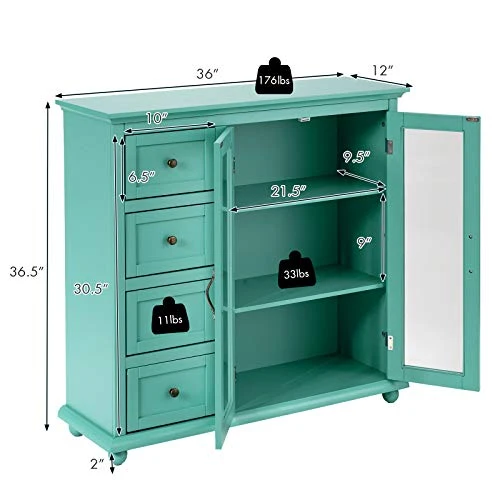 Giantex Buffet Sideboard, Wood Storage Cabinet, Console Table With 4 Drawers, 2-Door Credenza, Living Room Dining Room Furniture, Buffet Server, Kitchen Pantry Cupboard (Sea Green) 4 Giantex Buffet Sideboard, Wood Storage Cabinet, Console Table With 4 Drawers, 2-Door Credenza, Living Room Dining Room Furniture, Buffet Server, Kitchen Pantry Cupboard (Sea Green) - Image 2