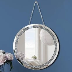 Crystal Crush Diamond Sparkly Round Silver Mirror For Wall Decoration 20x20x1 Inch Wall Hang Frameless Bling Stylish Gorgeous Glam Mirror Vanity Home Decor. -Amazon Store 41Rt7XYwumL. AC
