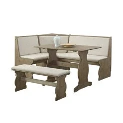 Riverbay Furniture Patio Conversation Indoor 3 Piece Kitchen Breakfast Corner Table Booth Bench Natural Fabric Upholstered Dining Nook Set In Brown