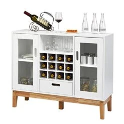 Giantex Buffet Sideboard, Wood Kitchen Server, Storage Cupboard, Wine Rack, 2 Cabinets, Drawer And Open Shelf, Living Room Furniture (White & Natural)