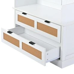 SCORRO Clothes Locker Vintage Style Hall Tree With 5 Metal Hooks And 2 Large Rattan Element Drawers Wooden Hallway Organizer With Storage Bench And Metal Drawer Handles (White) -Amazon Store 41SqarfnITL