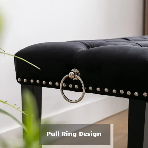 HEAH-YO Modern Velvet Tufted Bench, 18" Seat Height Upholstered Ottoman Dining Bench With Pull Rings, Nailhead Trim Footstool For Entryway Bedroom Kitchen Dining Table, Black 4 HEAH-YO Modern Velvet Tufted Bench, 18" Seat Height Upholstered Ottoman Dining Bench With Pull Rings, Nailhead Trim Footstool For Entryway Bedroom Kitchen Dining Table, Black - Image 2