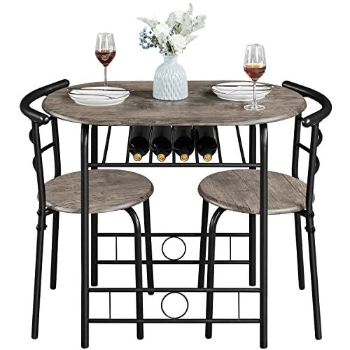 Yaheetech 3 Piece Round Dining Table Set Kitchen Breakfast Table Set For 2 Dining Table With 2 Chairs Space Saving Table Set W/Metal Frame, Wine Rack For Small Space/Apartment, Drift Brown 5 Yaheetech 3 Piece Round Dining Table Set Kitchen Breakfast Table Set For 2 Dining Table With 2 Chairs Space Saving Table Set W/Metal Frame, Wine Rack For Small Space/Apartment, Drift Brown - Image 3