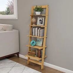 5-Tier Ladder Shelf - Wooden Narrow Leaning Book Shelf For Bedroom, Living Room, Or Kitchen Shelving - Boho Home Decor By Lavish Home (Oak) 16 5-Tier Ladder Shelf - Wooden Narrow Leaning Book Shelf For Bedroom, Living Room, Or Kitchen Shelving - Boho Home Decor By Lavish Home (Oak) -Amazon Store 41T6Uyr N L. AC