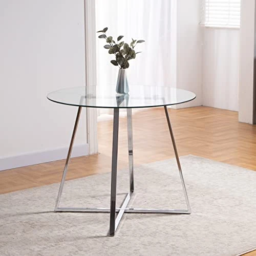 5 Pieces Dining Table And Chairs Set - Modern Round Dining Room Table With 4 Leather Chairs - Tempered Glass Table Top And Chrome Legs Kitchen Table Set For Small Space - White 4 5 Pieces Dining Table And Chairs Set - Modern Round Dining Room Table With 4 Leather Chairs - Tempered Glass Table Top And Chrome Legs Kitchen Table Set For Small Space - White - Image 2