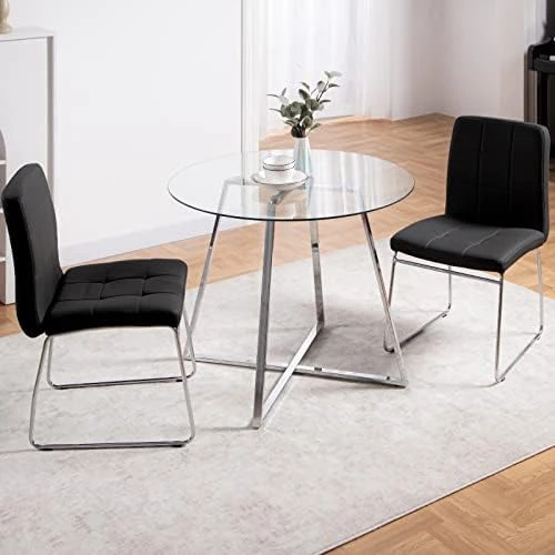 5 Pieces Dining Table And Chairs Set - Modern Round Dining Room Table With 4 Leather Chairs - Tempered Glass Table Top And Chrome Legs Kitchen Table Set For Small Space - White 17 5 Pieces Dining Table And Chairs Set - Modern Round Dining Room Table With 4 Leather Chairs - Tempered Glass Table Top And Chrome Legs Kitchen Table Set For Small Space - White - Image 15