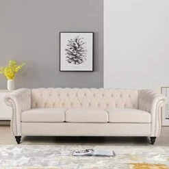 MIYZEAL Modern 3 Seater Couch Velvet, Upholstered Sofa With Tufted Back, Roll Arm Classic Chesterfield Settee Couches For Living Room, Office (Dark Gray) -Amazon Store 41TJ 8PbkoL. AC