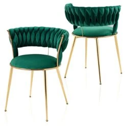 Modern Velvet Dining Chairs Set Of 2, Upholstered Living Room Chair With Woven Back And Golden Metal Legs, Mid-Century Accent Side Chair For Dining Room, Living Room, Kitchen, Vanity Room, Emerald