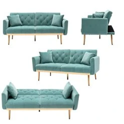 SSLine Velvet Loveseat Sofa,64inch Modern Futon Couch Sofa Couch With 2 Pillows And Rose Gold Metal Feet,Upholstered Accent Sofa Folding Sofa Bed For Living Room Bedroom(Lights Blue, Type-2) -Amazon Store 41TOEydtdzL