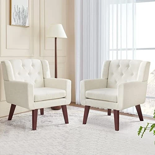 Accent Chair Button-Tufted Upholstered Living Room Chairs Comfy Reading Chair Mid Century Modern Chair With Linen Fabric Lounge Arm Chairs For Living Room Bedroom (Beige) 9 Accent Chair Button-Tufted Upholstered Living Room Chairs Comfy Reading Chair Mid Century Modern Chair With Linen Fabric Lounge Arm Chairs For Living Room Bedroom (Beige) - Image 7