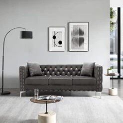 Fulocseny 2 Piece Modern Velvet Upholstered Living Room Set With 3-Seater Sofa And Loveseat, Jeweled Button Tufted Copper Nails Square Arms, 4 Pillows Included, Grey,5 Seater (Grey + Velvet) -Amazon Store 41U0U8HlfEL. AC