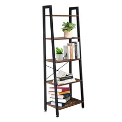 HOYOC Industrial Ladder Shelves, Free Standing Bookcase Storage Rack With Metal Frame And Open Storage Rack 5-Tier Ladder Bookshelf Organizer For Bathroom,Living Room,Office