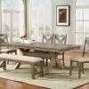 Roundhill Furniture Raven Wood 6-Piece Set, Extendable Trestle Dining Table With 4 Chairs And Bench, Glazed Pine Brown