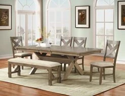 Roundhill Furniture Raven Wood 6-Piece Set, Extendable Trestle Dining Table With 4 Chairs And Bench, Glazed Pine Brown