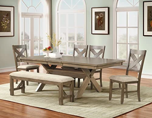 Roundhill Furniture Raven Wood 6-Piece Set, Extendable Trestle Dining Table With 4 Chairs And Bench, Glazed Pine Brown 3 Roundhill Furniture Raven Wood 6-Piece Set, Extendable Trestle Dining Table With 4 Chairs And Bench, Glazed Pine Brown