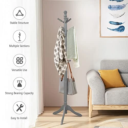 Tangkula Wood Coat Rack Freestanding, Entryway Height Adjustable Coat Stand With 9 Hooks & Stable Tri-Legged Base, Rubber Wood Coat Tree Hall Tree Coat Hanger For Home Office Hall Entryway (Grey) 5 Tangkula Wood Coat Rack Freestanding, Entryway Height Adjustable Coat Stand With 9 Hooks & Stable Tri-Legged Base, Rubber Wood Coat Tree Hall Tree Coat Hanger For Home Office Hall Entryway (Grey) - Image 3