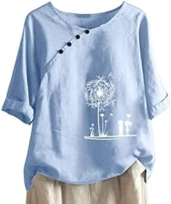 Womens Cotton Linen Shirts Casual Summer 3/4 Sleeve Tops Dandelion Print Tunic Tees Casual Crewneck Loose Fit Blouses -Amazon Store 41UoFhm2zZL. AC