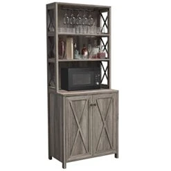 YITAHOME Kitchen Pantry Cabinet Storage Hutch With Microwave Stand Wine Rack, Freestanding Pantry Buffet Cabinet With Adjustable Shelves And Cupboard For Home, Rustic Grey Wash -Amazon Store 41UqxXsbBEL