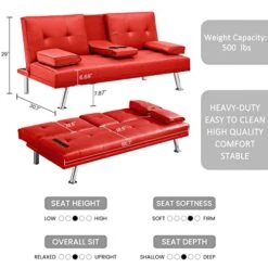 Recaceik Futon Sofa Bed Faux Leather Couch Convertible Folding Sleeper Sofa With Upholstered Removable Armrest Metal Leg And 2 Cupholders, Space Saving Furniture Couches For Living Room Apartment -Amazon Store 41Uu1wp0IcL
