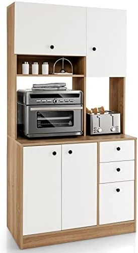 Giantex Kitchen Pantry, Buffet Hutch With 3 Storage Cabinet, 71'' Floor Large Cupboard With 3 Deep Drawers, Wide Countertop, Adjustable Shelves, Tall Sideboard (White & Natural) 9 Giantex Kitchen Pantry, Buffet Hutch With 3 Storage Cabinet, 71'' Floor Large Cupboard With 3 Deep Drawers, Wide Countertop, Adjustable Shelves, Tall Sideboard (White & Natural) - Image 7