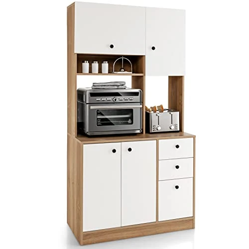 Giantex Kitchen Pantry, Buffet Hutch With 3 Storage Cabinet, 71'' Floor Large Cupboard With 3 Deep Drawers, Wide Countertop, Adjustable Shelves, Tall Sideboard (White & Natural) 3 Giantex Kitchen Pantry, Buffet Hutch With 3 Storage Cabinet, 71'' Floor Large Cupboard With 3 Deep Drawers, Wide Countertop, Adjustable Shelves, Tall Sideboard (White & Natural)