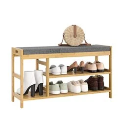URKNO Shoe Bench, Entryway Bench With Storage, 3-Tier Bamboo Shoe Rack Bench With Padded Seat, Shoe Organizer For Entryway, Bedroom, Bathroom, 36" L X 11.4" D X 19.7" H, Natural