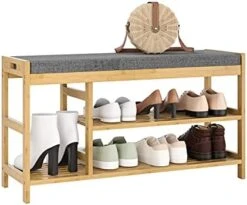 URKNO Shoe Bench, Entryway Bench With Storage, 3-Tier Bamboo Shoe Rack Bench With Padded Seat, Shoe Organizer For Entryway, Bedroom, Bathroom, 36" L X 11.4" D X 19.7" H, Natural -Amazon Store 41V75biGYbL. AC