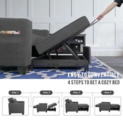 DURASPACE Futon Sofa Bed, 3 In 1 Convertible Sofa Chair Bed, Adjustable Backrest Chair, Chaise Lounge With USB Ports, Cup Holder, Side Pocket, Storage Box For Living Room (Dark Gray Linen) -Amazon Store 41VHG58Mc1L