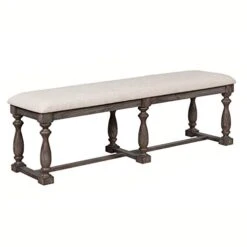 Benjara Farmhouse Style Bench With Padded Seating And Turned Pedestal Base, Gray