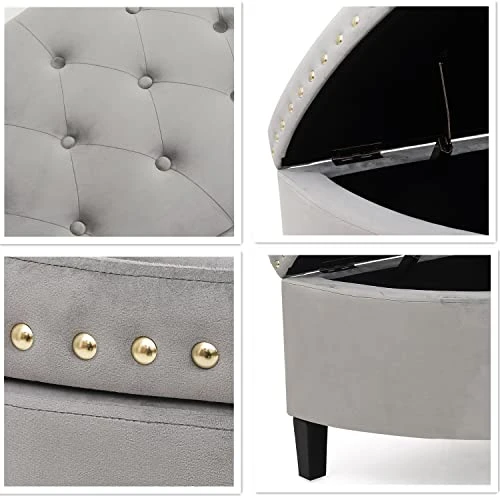 Joveco 43.5" Storage Bench- Velvet Half Moon Ottoman- Tufted Storage Ottoman With Rivet- Half Moon Storage Ottoman- Toy Chests & Storage Bench For Bedroom And Entryway (Gray) 6 Joveco 43.5" Storage Bench- Velvet Half Moon Ottoman- Tufted Storage Ottoman With Rivet- Half Moon Storage Ottoman- Toy Chests & Storage Bench For Bedroom And Entryway (Gray) - Image 4