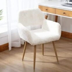 SSLine Faux Fur Vanity Chair Elegant White Furry Makeup Desk Chairs For Girls Women Modern Comfy Fluffy Arm Chair With Wood Look Metal Legs In Bedroom Living Room -Amazon Store 41VaKdnJdFL. AC