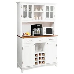 Giantex Buffet Hutch Cabinet, Kitchen Hutch Sideboard, Buffet Cabinet On Storage Island, Wood Kitchenware Server With 3 Large Drawers And 9 Wine Bottle Modulars (White)