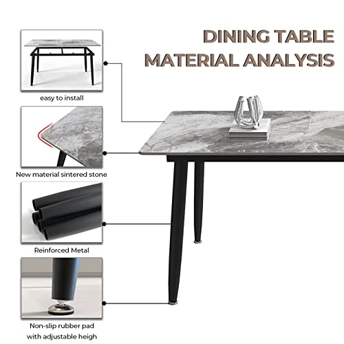 Dining Table 55" Rectangular Grey Kitchen Table With Sintered Stone Table Top And Metal Legs Modern Dinner Table For Dining Room 4 Dining Table 55" Rectangular Grey Kitchen Table With Sintered Stone Table Top And Metal Legs Modern Dinner Table For Dining Room - Image 2