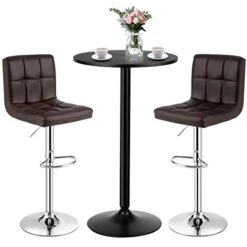 COSTWAY 3-Piece Bar Table Set, Round Cocktail Table And PU Leather Adjustable Swivel Chairs, Modern Counter Height Table Set With 2 Bar Stool For Kitchen, Office (Brown)