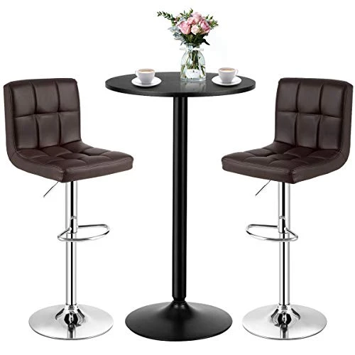 COSTWAY 3-Piece Bar Table Set, Round Cocktail Table And PU Leather Adjustable Swivel Chairs, Modern Counter Height Table Set With 2 Bar Stool For Kitchen, Office (Brown) 3 COSTWAY 3-Piece Bar Table Set, Round Cocktail Table And PU Leather Adjustable Swivel Chairs, Modern Counter Height Table Set With 2 Bar Stool For Kitchen, Office (Brown)