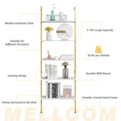 MELLCOM 5 Tier Industrial Ladder Shelf, Wood Modern Bookshelf With Golden Metal Frame, Wall-Mounted Plant Flower Storage Organizer For Living Room, Bathroom, Kitchen, Balcony 16 MELLCOM 5 Tier Industrial Ladder Shelf, Wood Modern Bookshelf With Golden Metal Frame, Wall-Mounted Plant Flower Storage Organizer For Living Room, Bathroom, Kitchen, Balcony -Amazon Store 41VxWl3jkFL