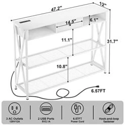 Armocity Console Table With Outlets, Entryway Table For Entry, 47 Inch Sofa Table With Drawers, Long Hallway Table, Industrial Behind Couch Table For Entryway, Sofa Couch, Entrance, Hallway, White -Amazon Store 41W8yqBhEpL