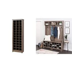 Prepac 36 Pair Shoe Storage Rack, Drifted Gray & 24 Shoe Cubby Wide Hall Tree With Bench & Coat Hooks, 60" W X 77" H X 15. 5" D, Drifted Gray