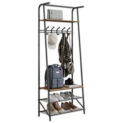 Coat Rack Shoe Bench With 5 Hooks, Hall Trees Entryway Bench With Storage, Multifunctional Hallway Organizer, Wood Look Accent Furniture With Metal Frame